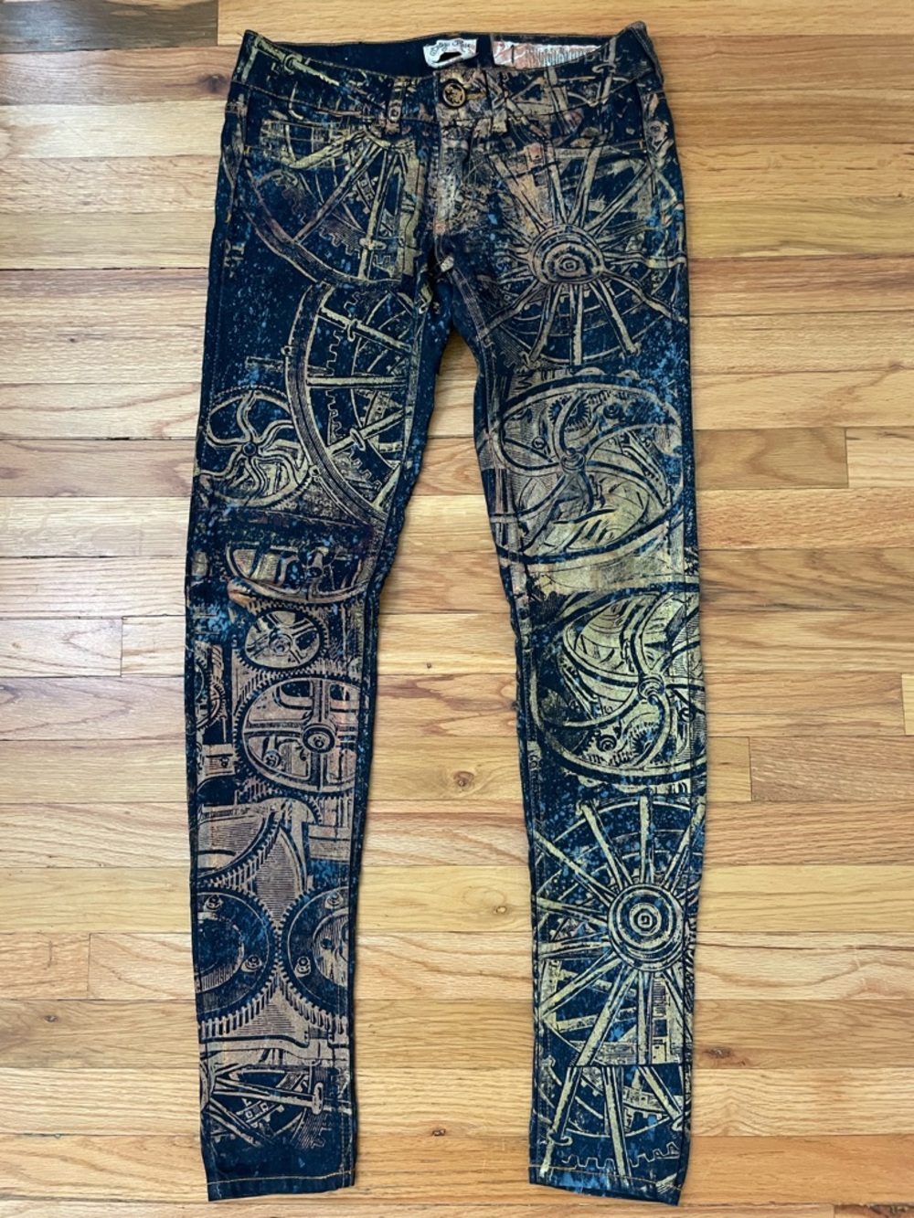 Custom Gold Gear-Print Skinny Jeans